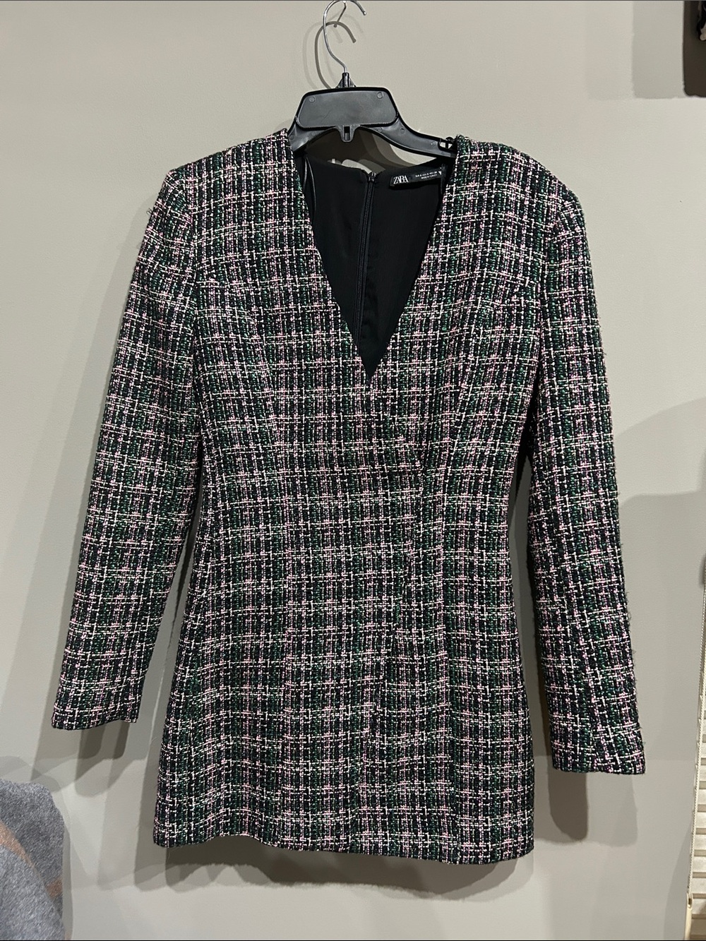 Zara Pink and Black Tweed V-Neck Long Sleeve Dress